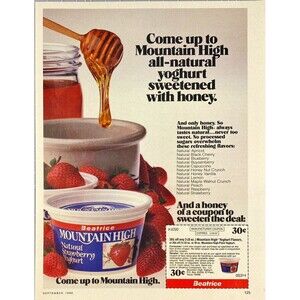 Mountain High Yogurt All-Natural Sweetened with Honey. Vintage Print Ad 1986